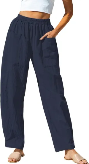 Women Summer Beach Vacation Pants Wide Leg Linen Elastic Waist Loose Palazzo Flowy Trousers with Pocket