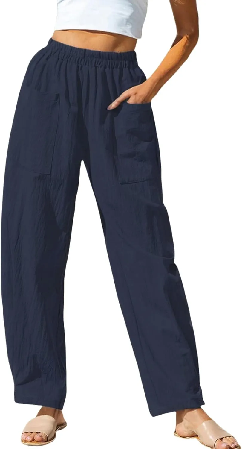 Women Summer Beach Vacation Pants Wide Leg Linen Elastic Waist Loose Palazzo Flowy Trousers with Pocket