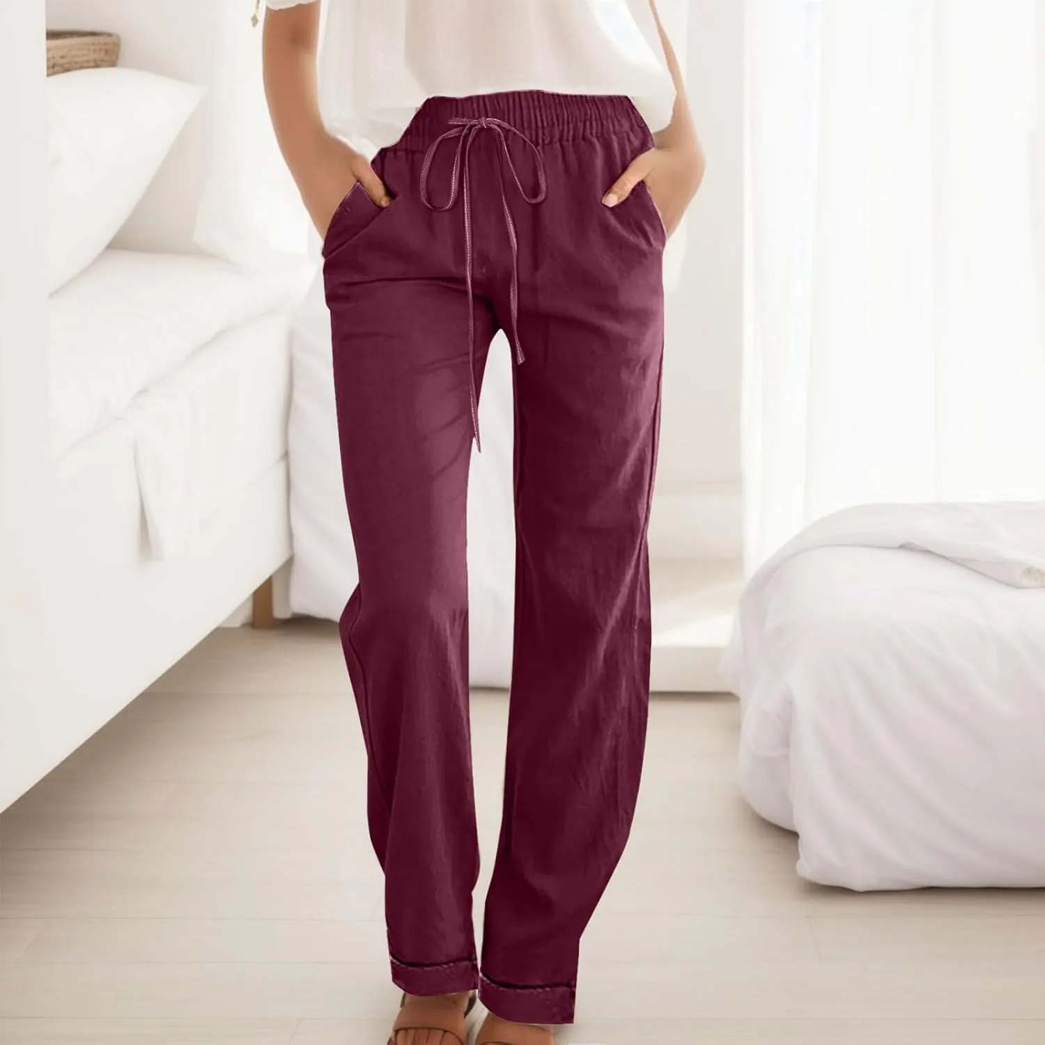 Women Summer Casual Cotton Linen Pants Solid Sports Lounge Beach Trousers Slim High Elastic Waist Pants with Pockets