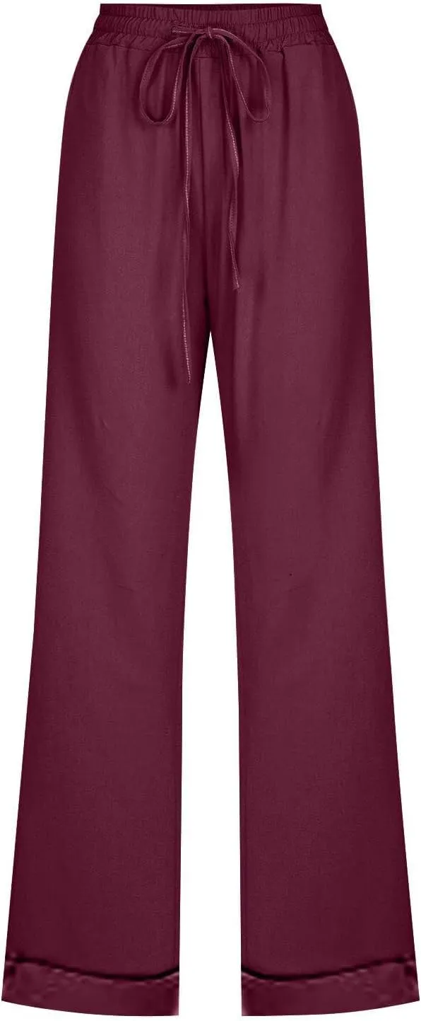 Women Summer Casual Cotton Linen Pants Solid Sports Lounge Beach Trousers Slim High Elastic Waist Pants with Pockets