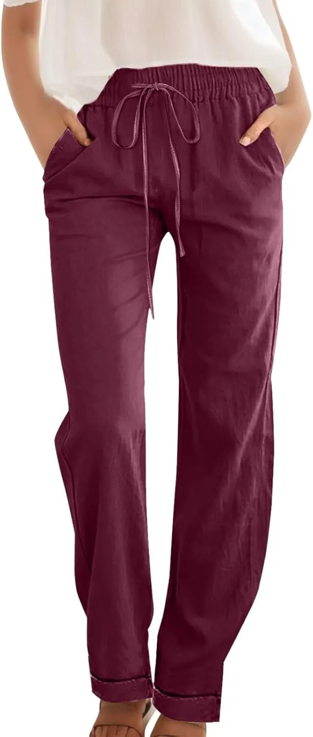 Women Summer Casual Cotton Linen Pants Solid Sports Lounge Beach Trousers Slim High Elastic Waist Pants with Pockets