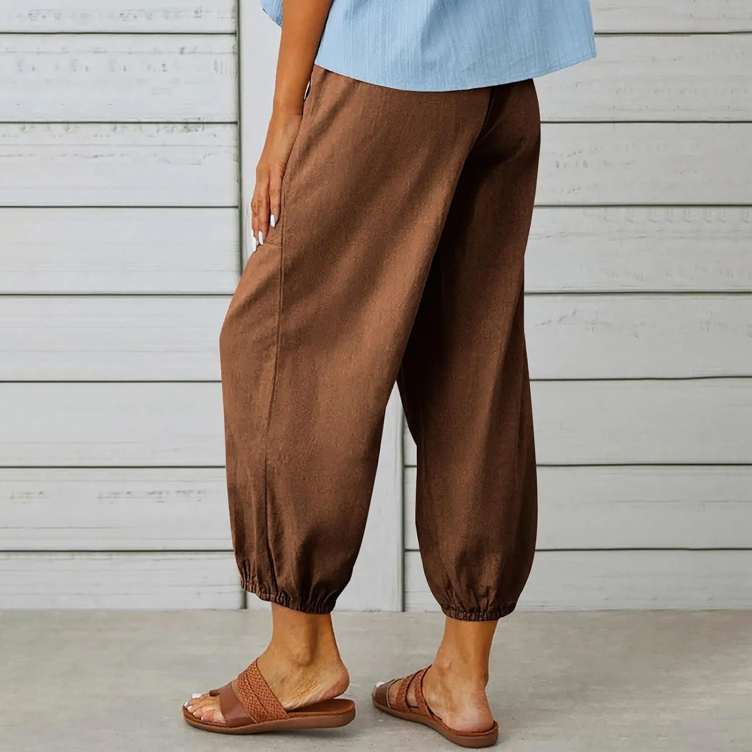 Women Summer Cotton Linen Pants Trousers Lantern Tapered Harem Pants Casual Loose Pull On Capri Pants with Pockets