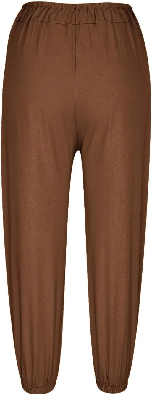 Women Summer Cotton Linen Pants Trousers Lantern Tapered Harem Pants Casual Loose Pull On Capri Pants with Pockets