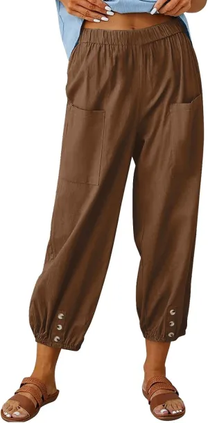 Women Summer Cotton Linen Pants Trousers Lantern Tapered Harem Pants Casual Loose Pull On Capri Pants with Pockets