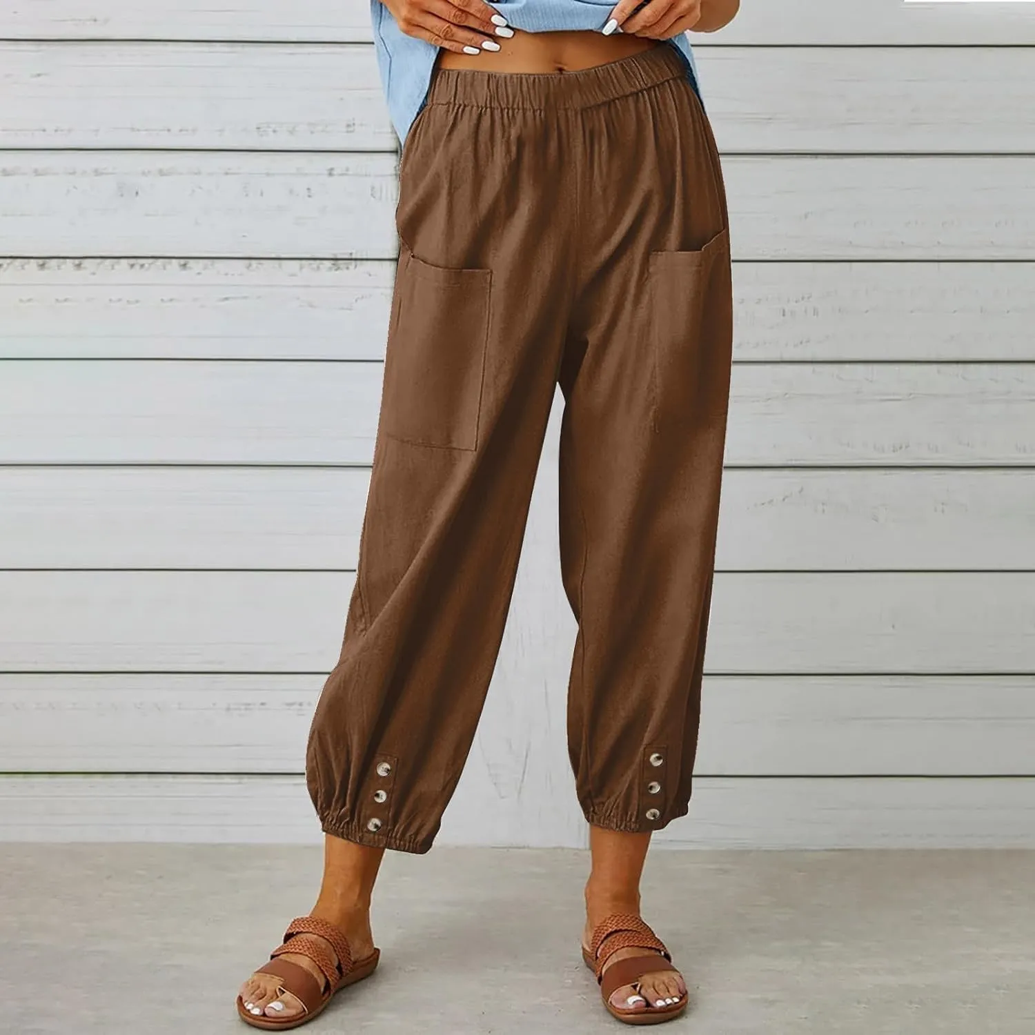 Women Summer Cotton Linen Pants Trousers Lantern Tapered Harem Pants Casual Loose Pull On Capri Pants with Pockets