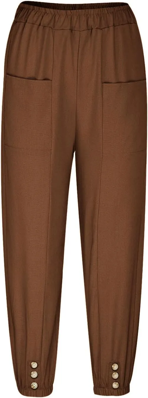 Women Summer Cotton Linen Pants Trousers Lantern Tapered Harem Pants Casual Loose Pull On Capri Pants with Pockets