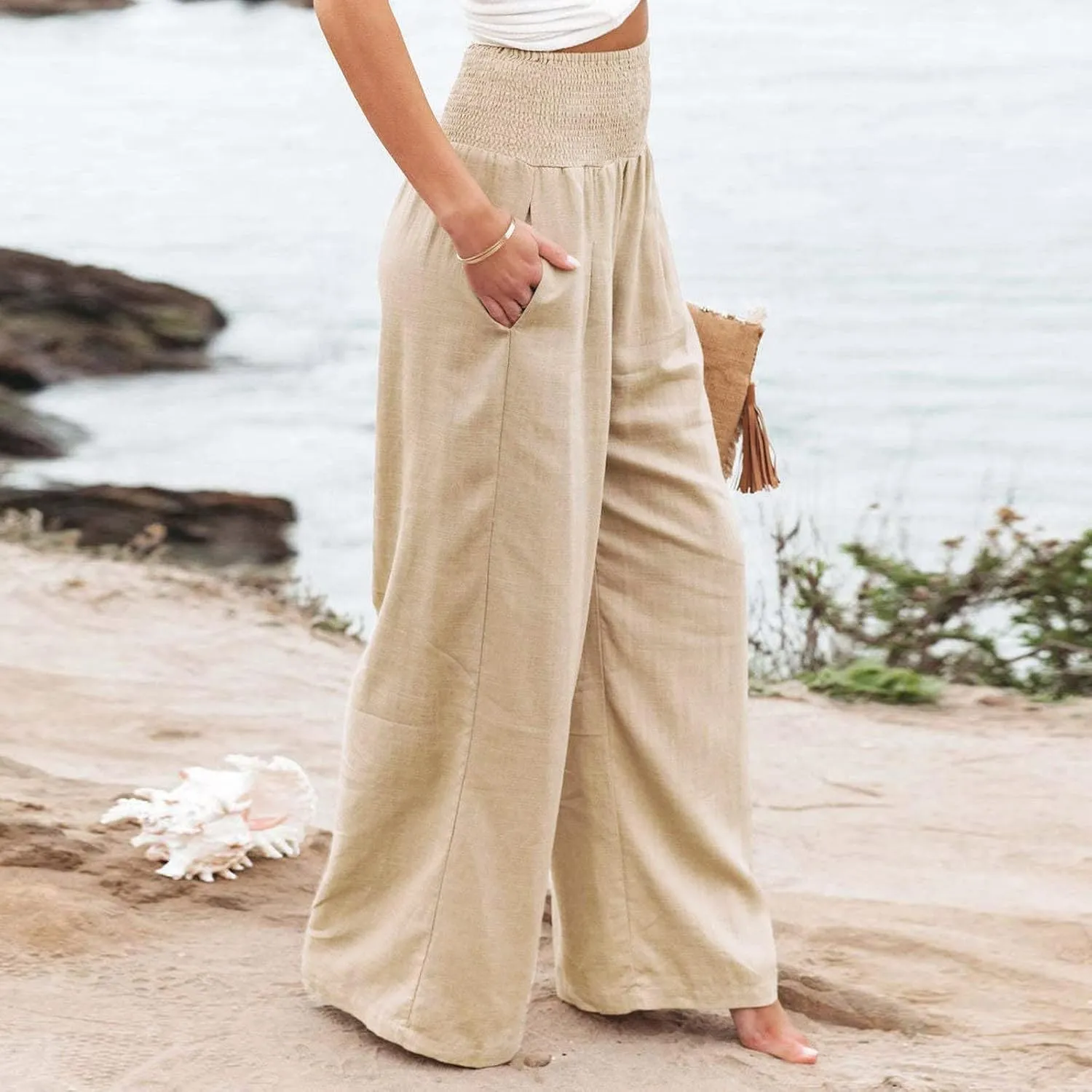 Women Summer High Waist Cotton Linen Palazzo Pants Wide Leg Long Lounge Pants with Pockets Boho Beach Flowy Trousers