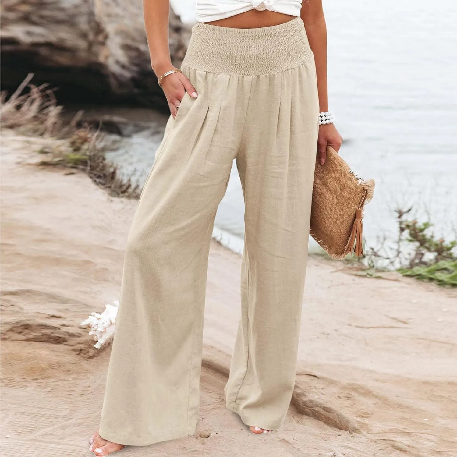Women Summer High Waist Cotton Linen Palazzo Pants Wide Leg Long Lounge Pants with Pockets Boho Beach Flowy Trousers