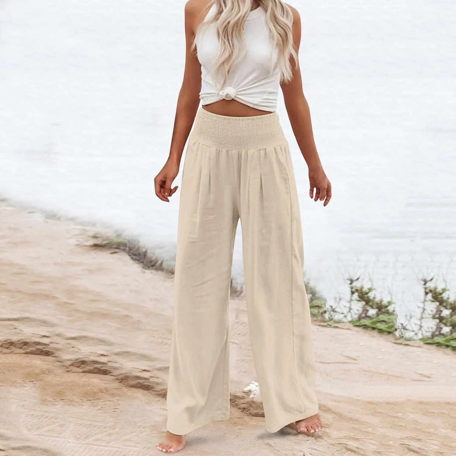 Women Summer High Waist Cotton Linen Palazzo Pants Wide Leg Long Lounge Pants with Pockets Boho Beach Flowy Trousers