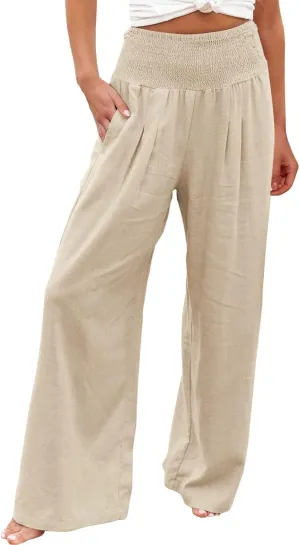 Women Summer High Waist Cotton Linen Palazzo Pants Wide Leg Long Lounge Pants with Pockets Boho Beach Flowy Trousers