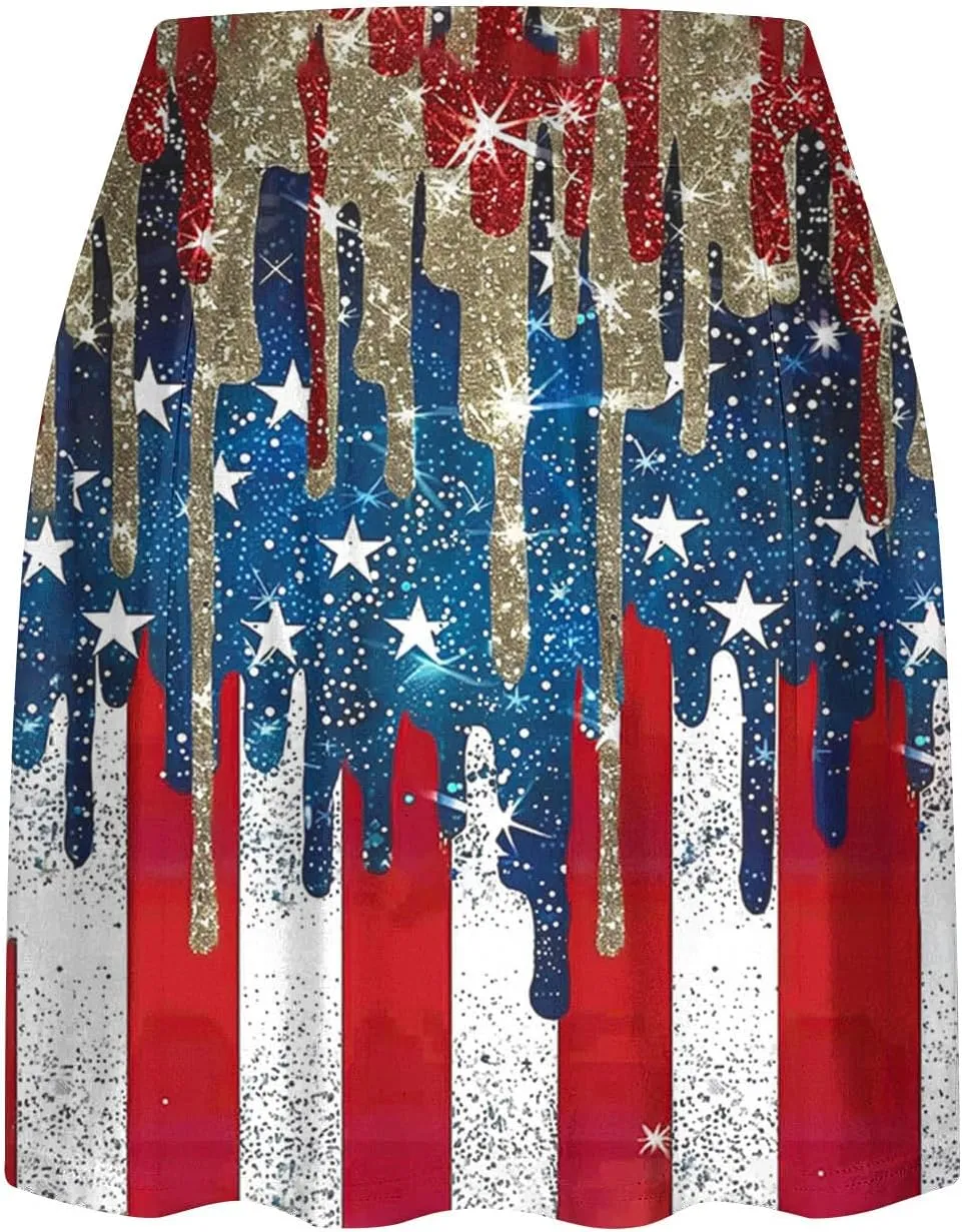 Women Tennis Skorts American Flag Patriotic Golf Skirts with Shorts Independence Day Stretchy Skirts Athletic Skorts