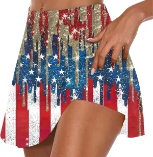 Women Tennis Skorts American Flag Patriotic Golf Skirts with Shorts Independence Day Stretchy Skirts Athletic Skorts