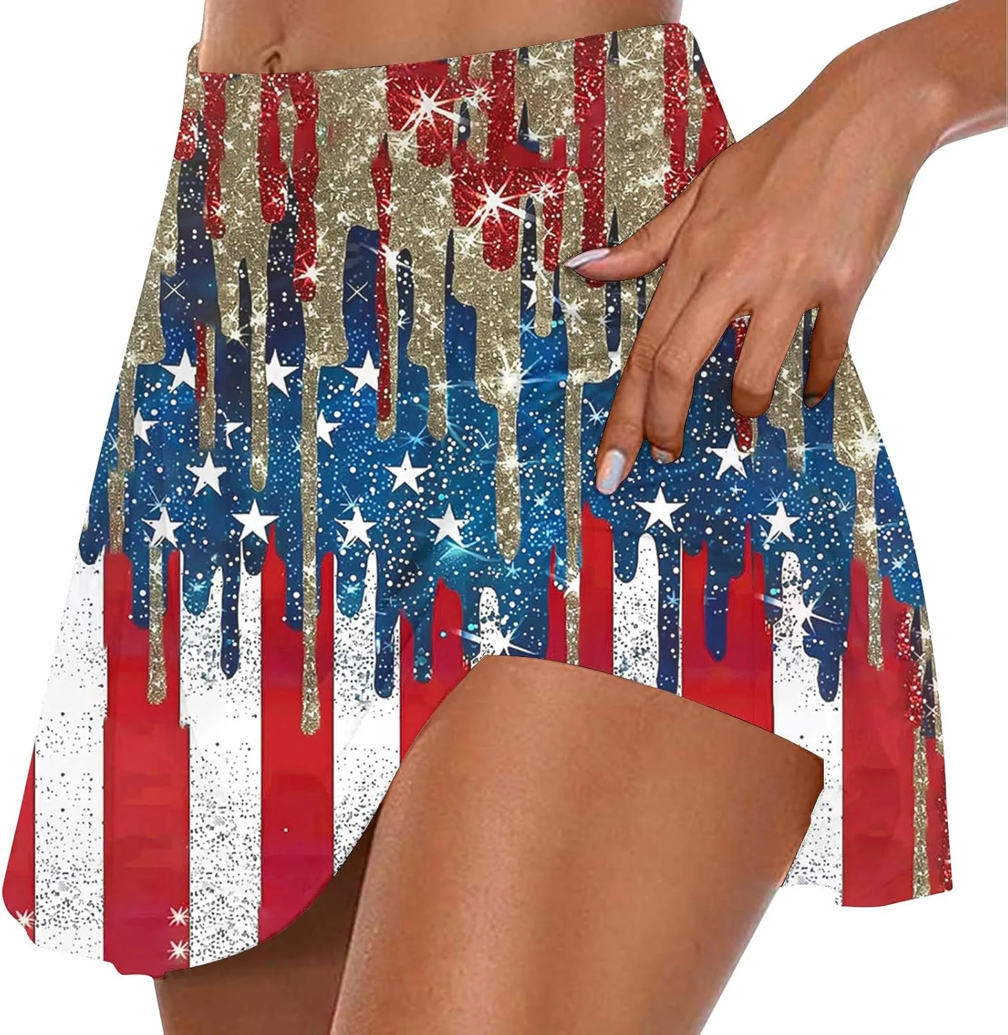 Women Tennis Skorts American Flag Patriotic Golf Skirts with Shorts Independence Day Stretchy Skirts Athletic Skorts