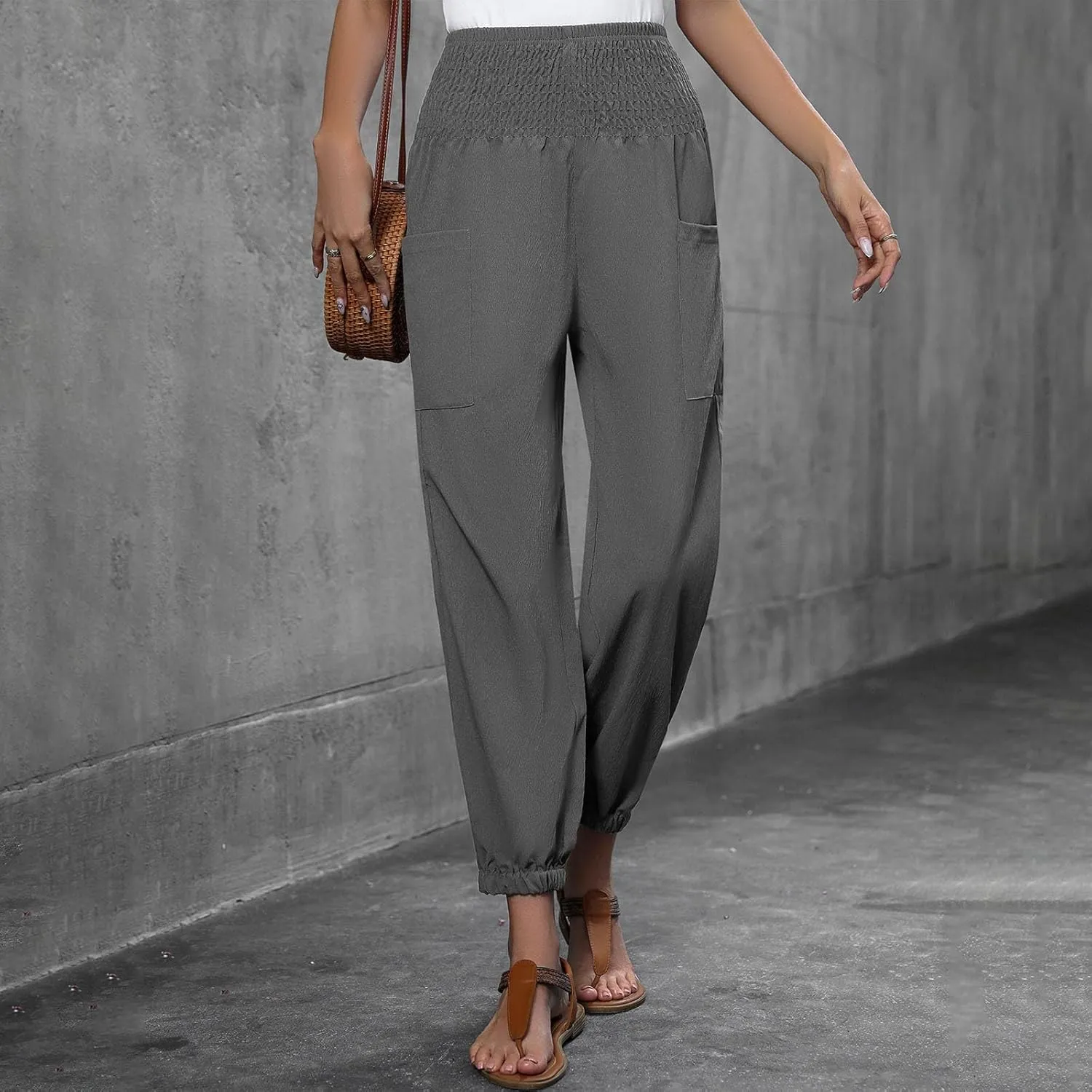 Women Wide Leg Flowy Pants 2025 Summer Casual High Waisted Baggy Loose Boho Beach Vacation Palazzo Lantern Trousers