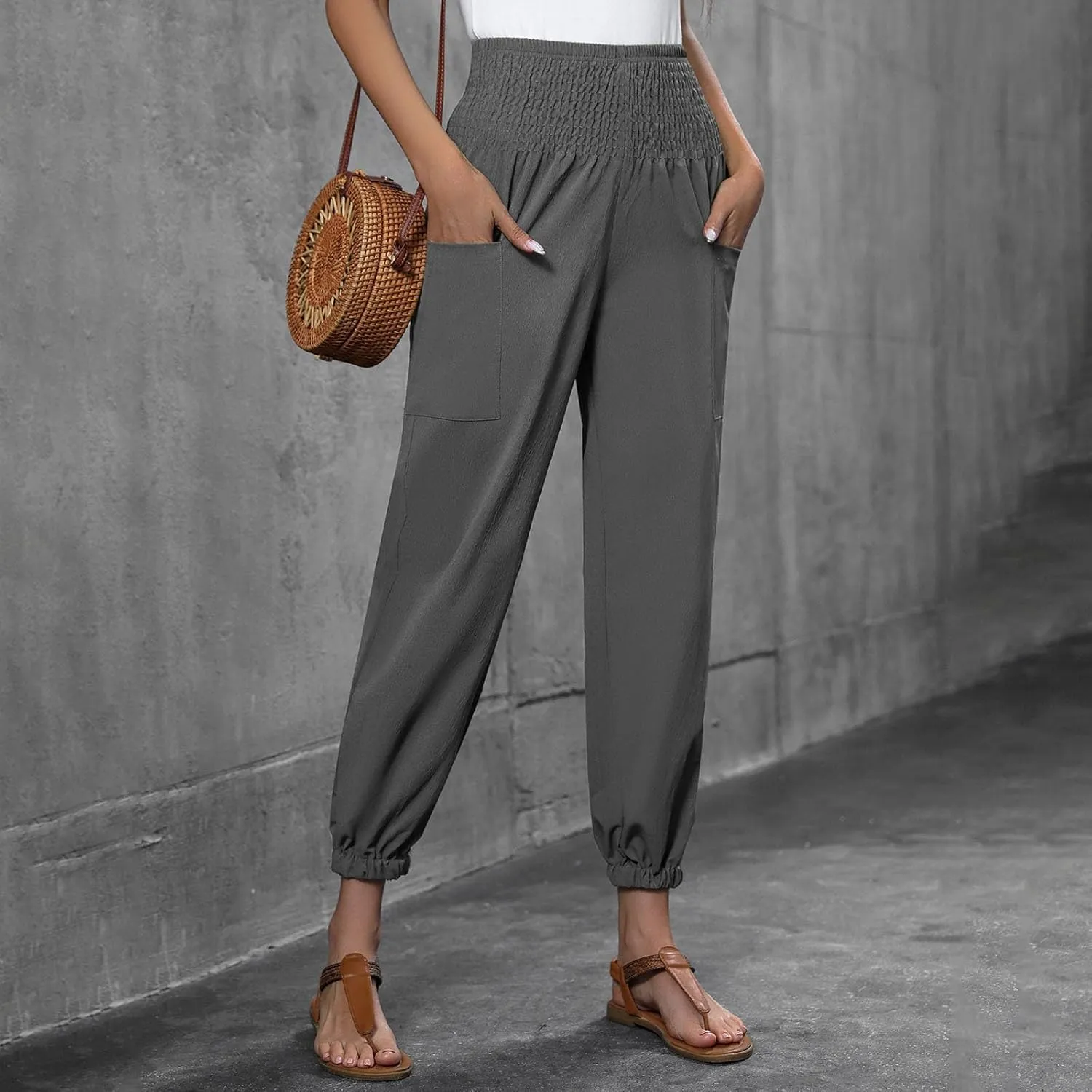 Women Wide Leg Flowy Pants 2025 Summer Casual High Waisted Baggy Loose Boho Beach Vacation Palazzo Lantern Trousers