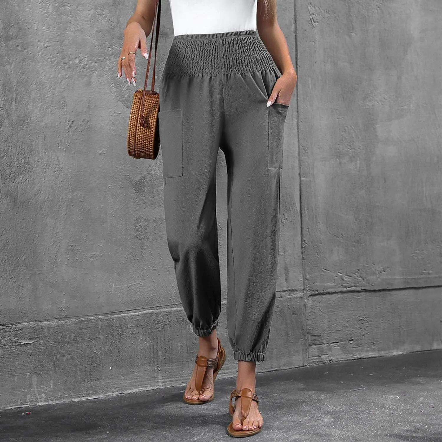 Women Wide Leg Flowy Pants 2025 Summer Casual High Waisted Baggy Loose Boho Beach Vacation Palazzo Lantern Trousers