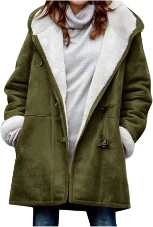 Women Winter Coats Trendy Sherpa Fleece Lined Suede Jackets Hooded Parka Faux Suede Wram Outwear Button Down Overcoat