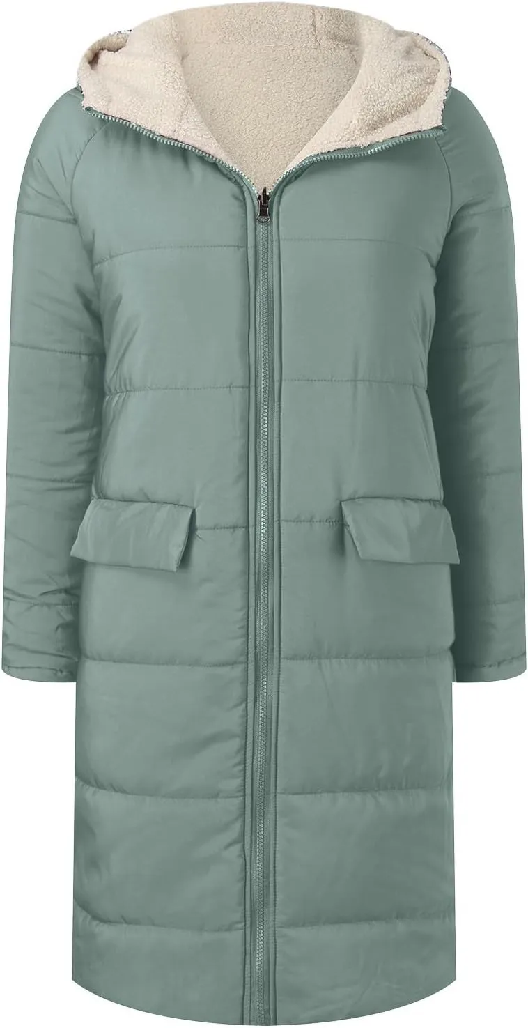 Womens 2024 Winter Fashion Solid Zip Up Jacket with Pockets Hooded Fleece Coat Warm Fitted Reversible Outdoor Outerwear