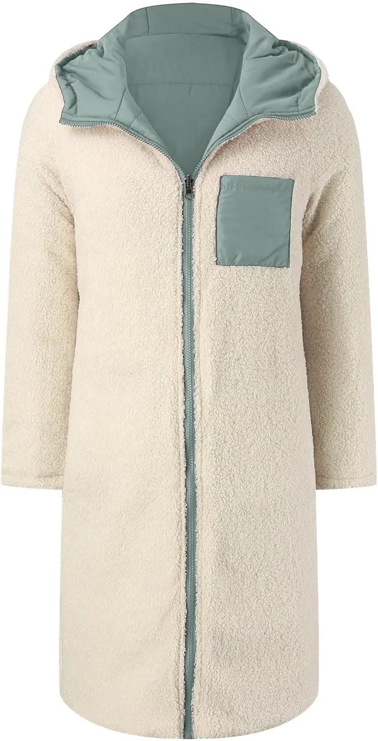 Womens 2024 Winter Fashion Solid Zip Up Jacket with Pockets Hooded Fleece Coat Warm Fitted Reversible Outdoor Outerwear