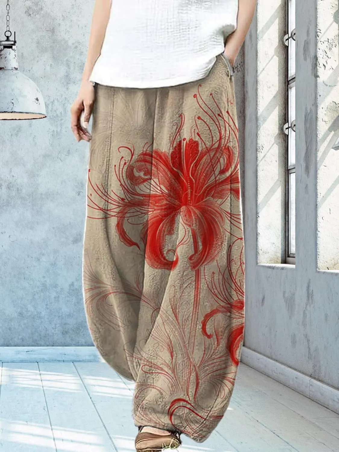 Womens Baggy Linen Pants Barrel Wide Leg Casual Loose Flowy Hippie Lantern Trousers with Elastic Waist for Summer