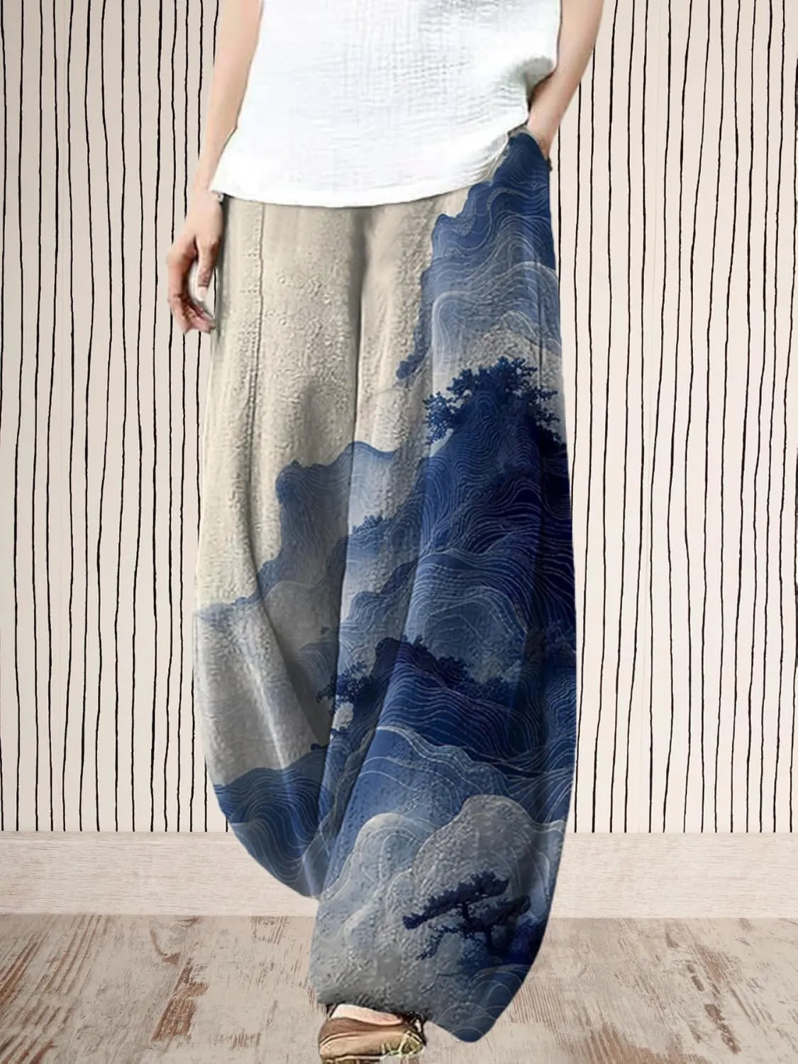 Womens Baggy Linen Pants Barrel Wide Leg Casual Loose Flowy Hippie Lantern Trousers with Elastic Waist for Summer