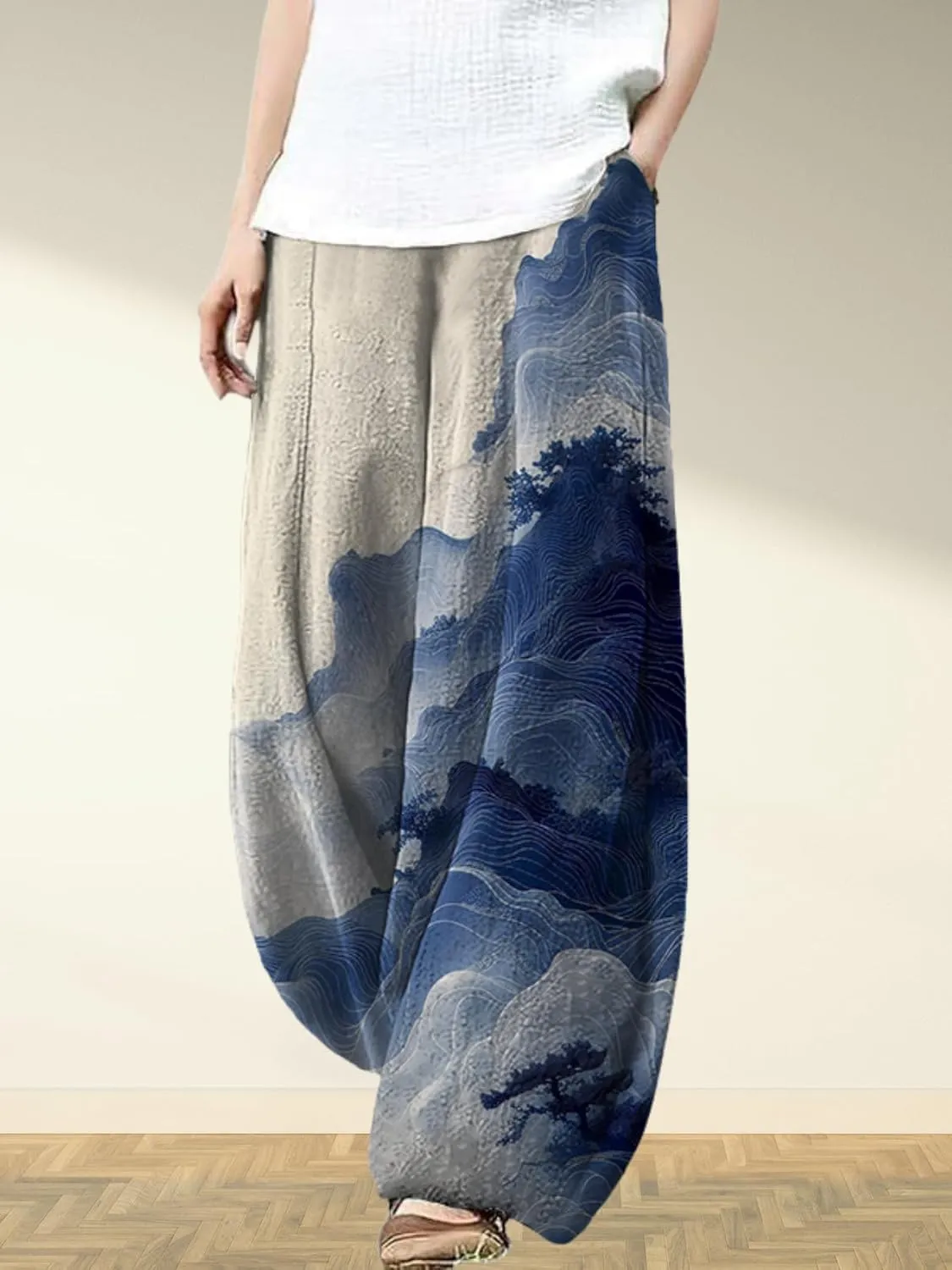 Womens Baggy Linen Pants Barrel Wide Leg Casual Loose Flowy Hippie Lantern Trousers with Elastic Waist for Summer