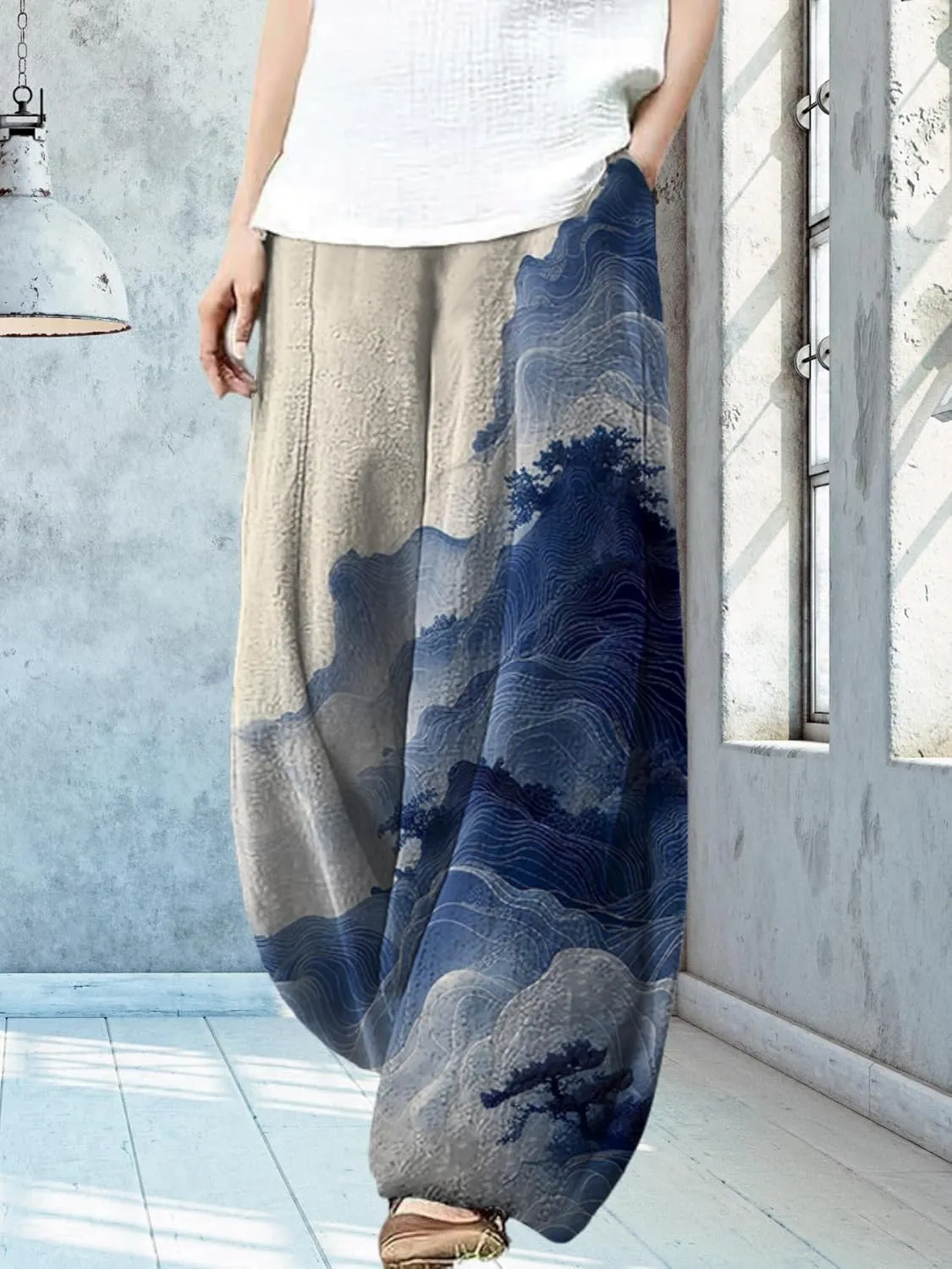 Womens Baggy Linen Pants Barrel Wide Leg Casual Loose Flowy Hippie Lantern Trousers with Elastic Waist for Summer