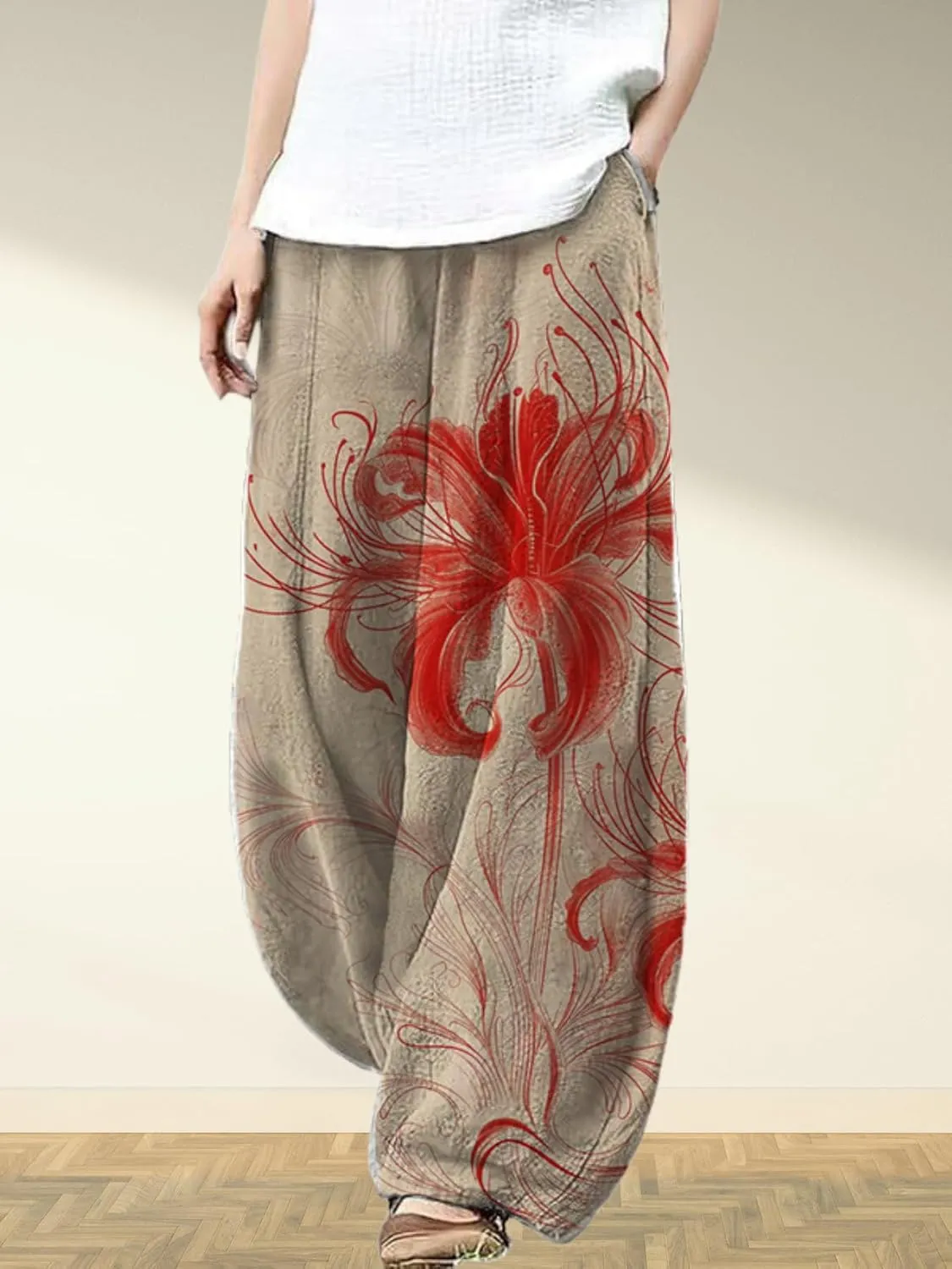 Womens Baggy Linen Pants Barrel Wide Leg Casual Loose Flowy Hippie Lantern Trousers with Elastic Waist for Summer