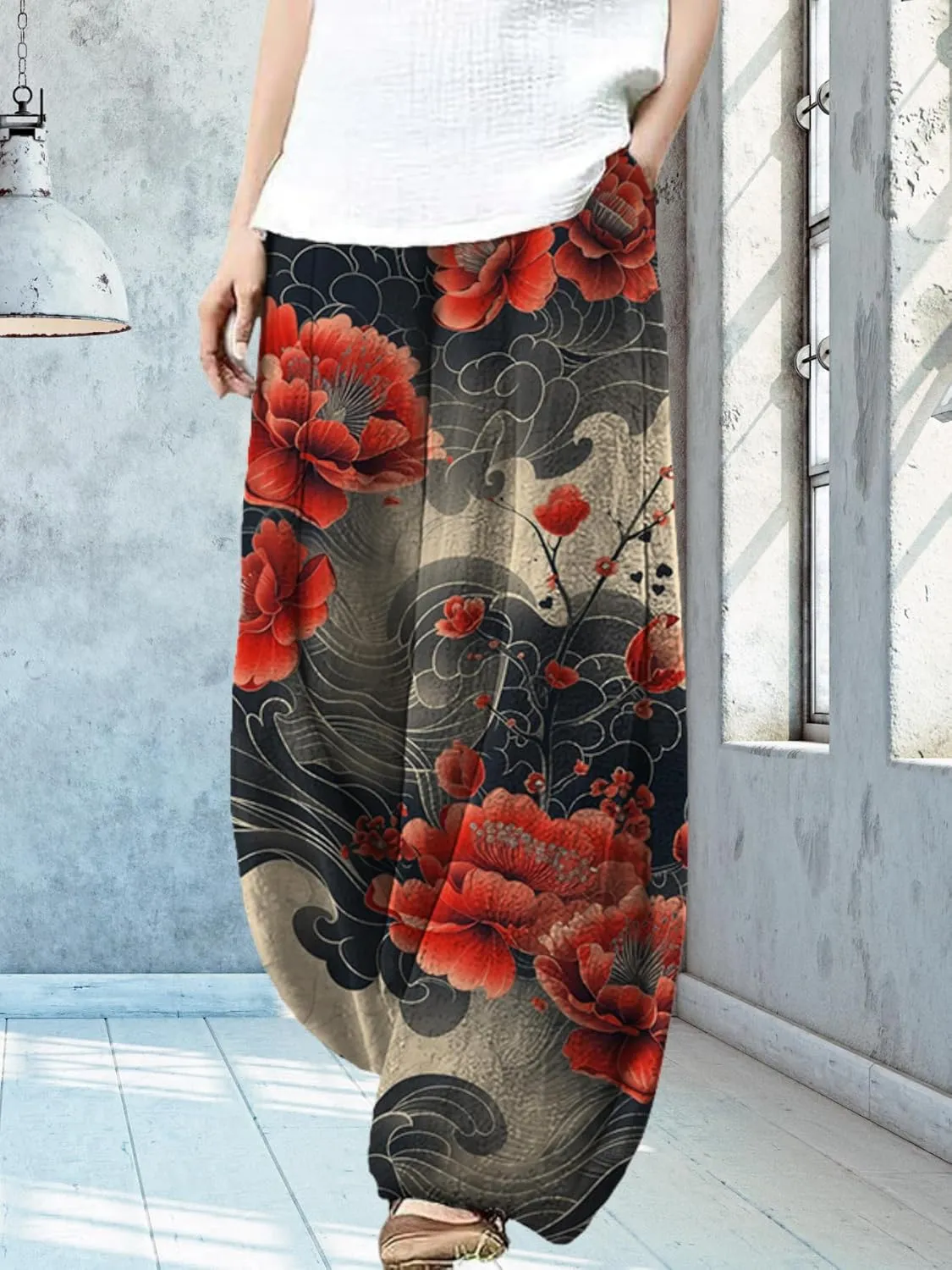 Womens Baggy Linen Pants Barrel Wide Leg Casual Loose Flowy Hippie Lantern Trousers with Elastic Waist for Summer