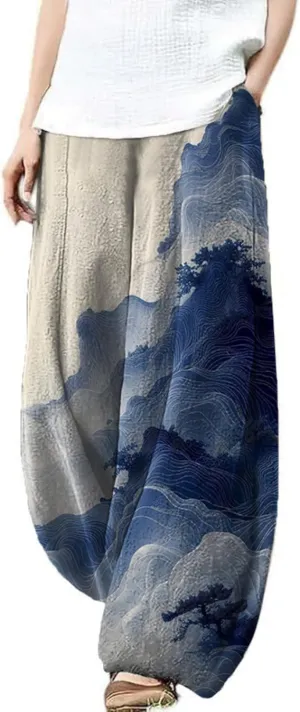 Womens Baggy Linen Pants Barrel Wide Leg Casual Loose Flowy Hippie Lantern Trousers with Elastic Waist for Summer