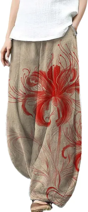 Womens Baggy Linen Pants Barrel Wide Leg Casual Loose Flowy Hippie Lantern Trousers with Elastic Waist for Summer