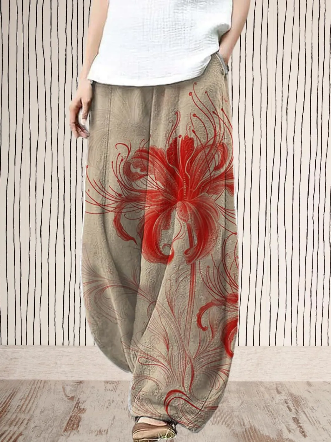 Womens Baggy Linen Pants Barrel Wide Leg Casual Loose Flowy Hippie Lantern Trousers with Elastic Waist for Summer