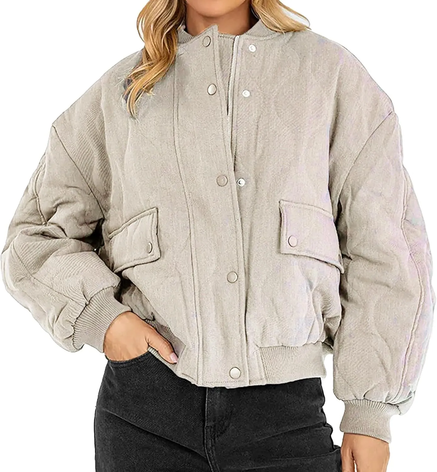 Women's Bomber Jacket Cotton Padded Ribbed Quilted Zip Up Long Sleeve Winter Coat Fall Outerwear Tops with Pockets
