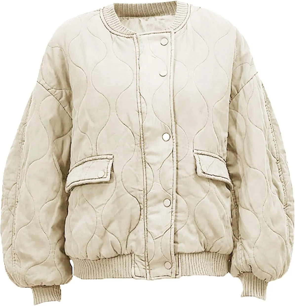 Women's Bomber Jacket Cotton Padded Ribbed Quilted Zip Up Long Sleeve Winter Coat Fall Outerwear Tops with Pockets