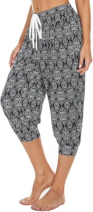 Women's Capri Harem Pants Printed High Waist Yoga Boho Trousers High Rise Wide Leg Cropped Beach Yoga Sweatpants with Pockets