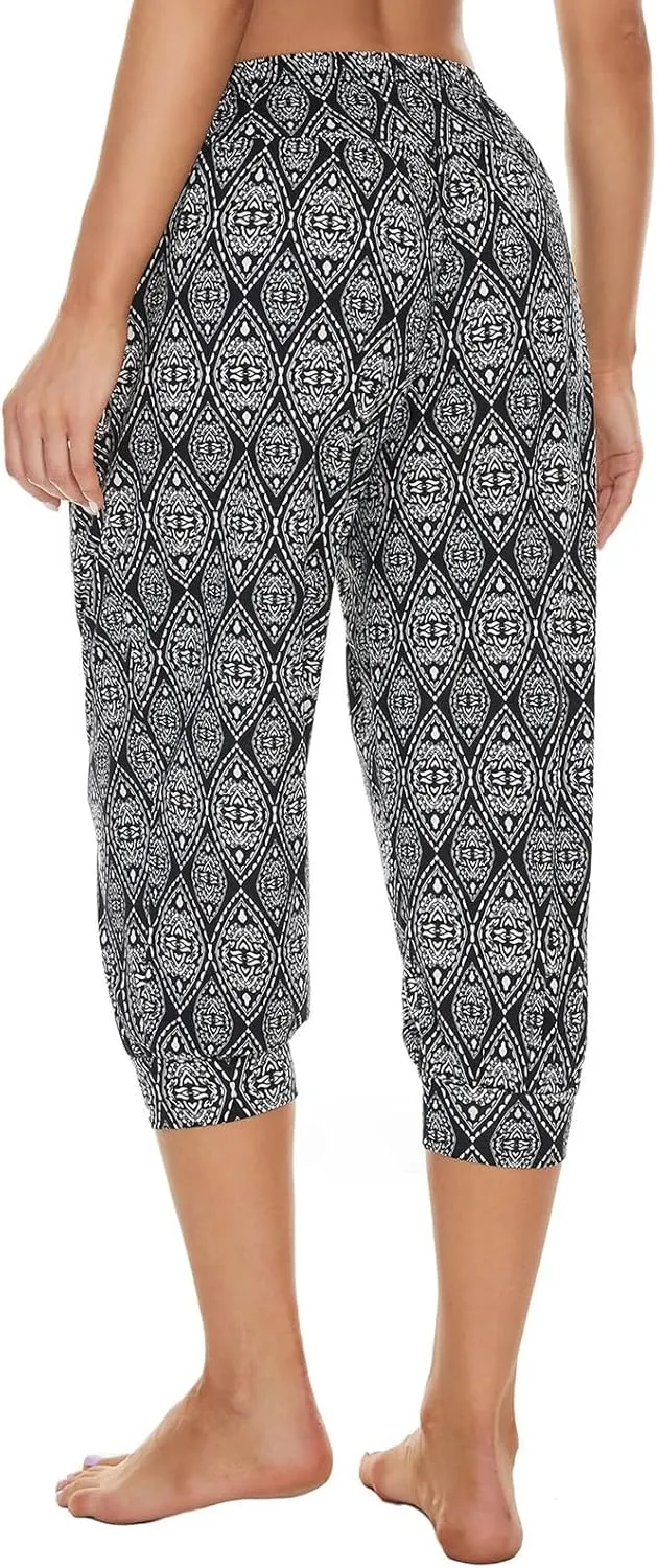 Women's Capri Harem Pants Printed High Waist Yoga Boho Trousers High Rise Wide Leg Cropped Beach Yoga Sweatpants with Pockets