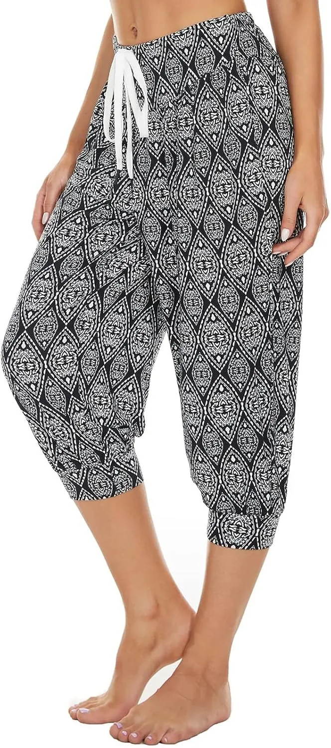 Women's Capri Harem Pants Printed High Waist Yoga Boho Trousers High Rise Wide Leg Cropped Beach Yoga Sweatpants with Pockets