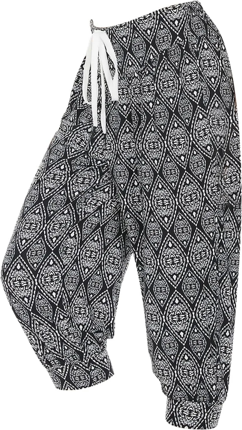Women's Capri Harem Pants Printed High Waist Yoga Boho Trousers High Rise Wide Leg Cropped Beach Yoga Sweatpants with Pockets
