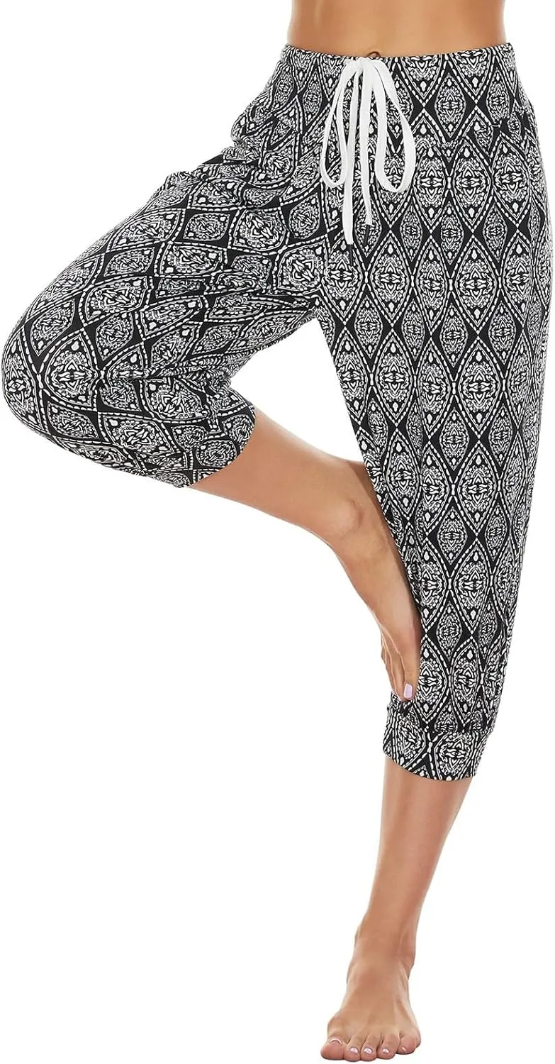 Women's Capri Harem Pants Printed High Waist Yoga Boho Trousers High Rise Wide Leg Cropped Beach Yoga Sweatpants with Pockets