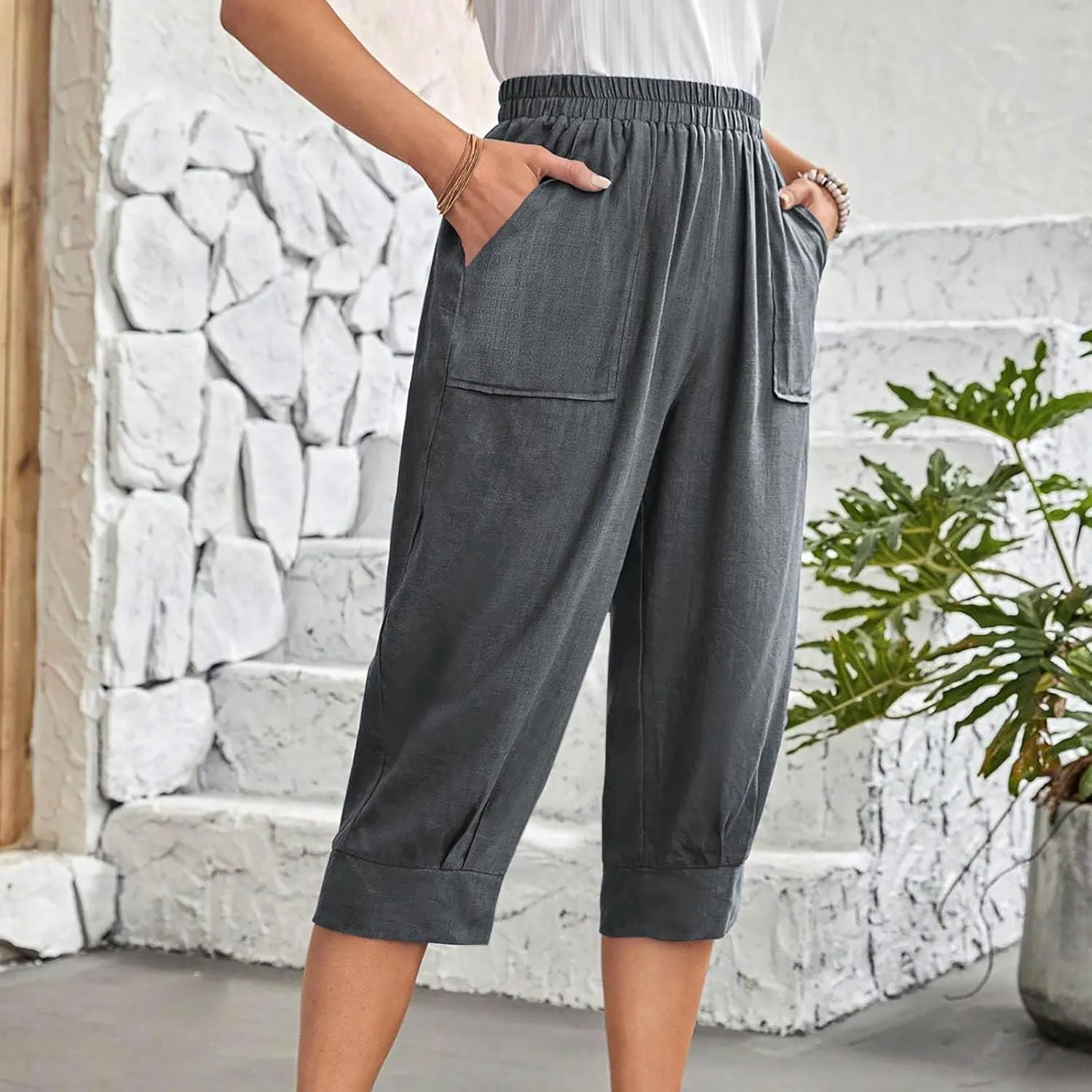 Womens Capri Pants Cotton Linen Loose Elastic High Waisted Lounge Pants Casual Palazzo Trousers with Pockets 2025