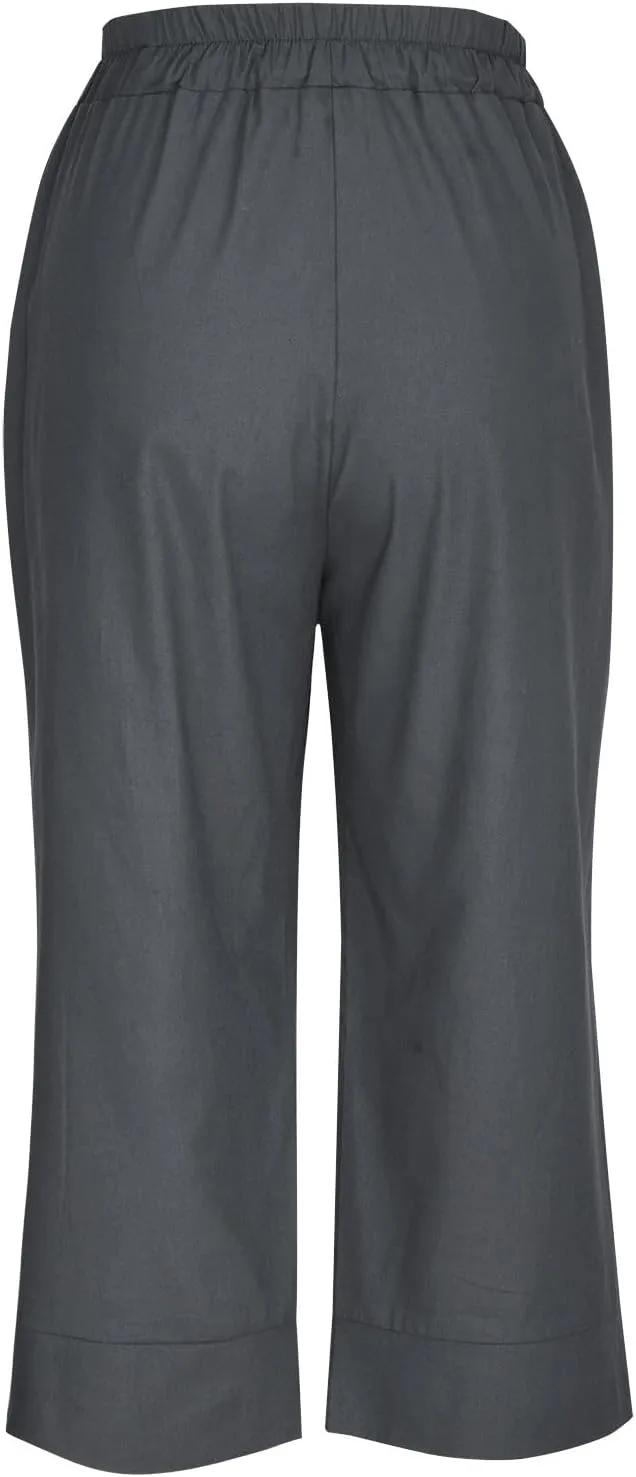 Womens Capri Pants Cotton Linen Loose Elastic High Waisted Lounge Pants Casual Palazzo Trousers with Pockets 2025