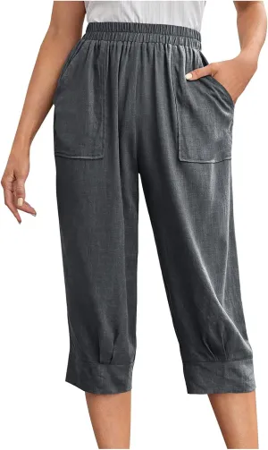 Womens Capri Pants Cotton Linen Loose Elastic High Waisted Lounge Pants Casual Palazzo Trousers with Pockets 2025