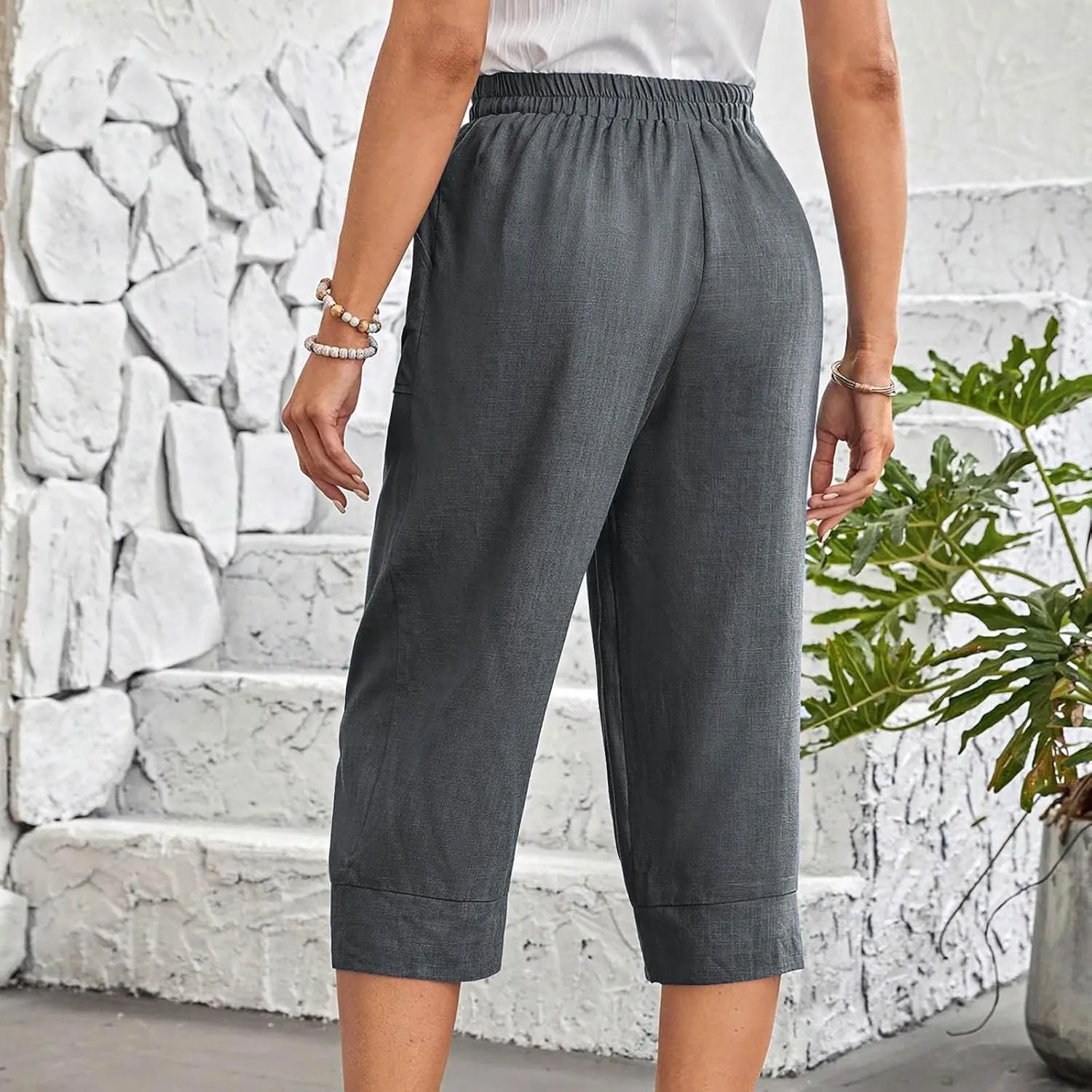 Womens Capri Pants Cotton Linen Loose Elastic High Waisted Lounge Pants Casual Palazzo Trousers with Pockets 2025