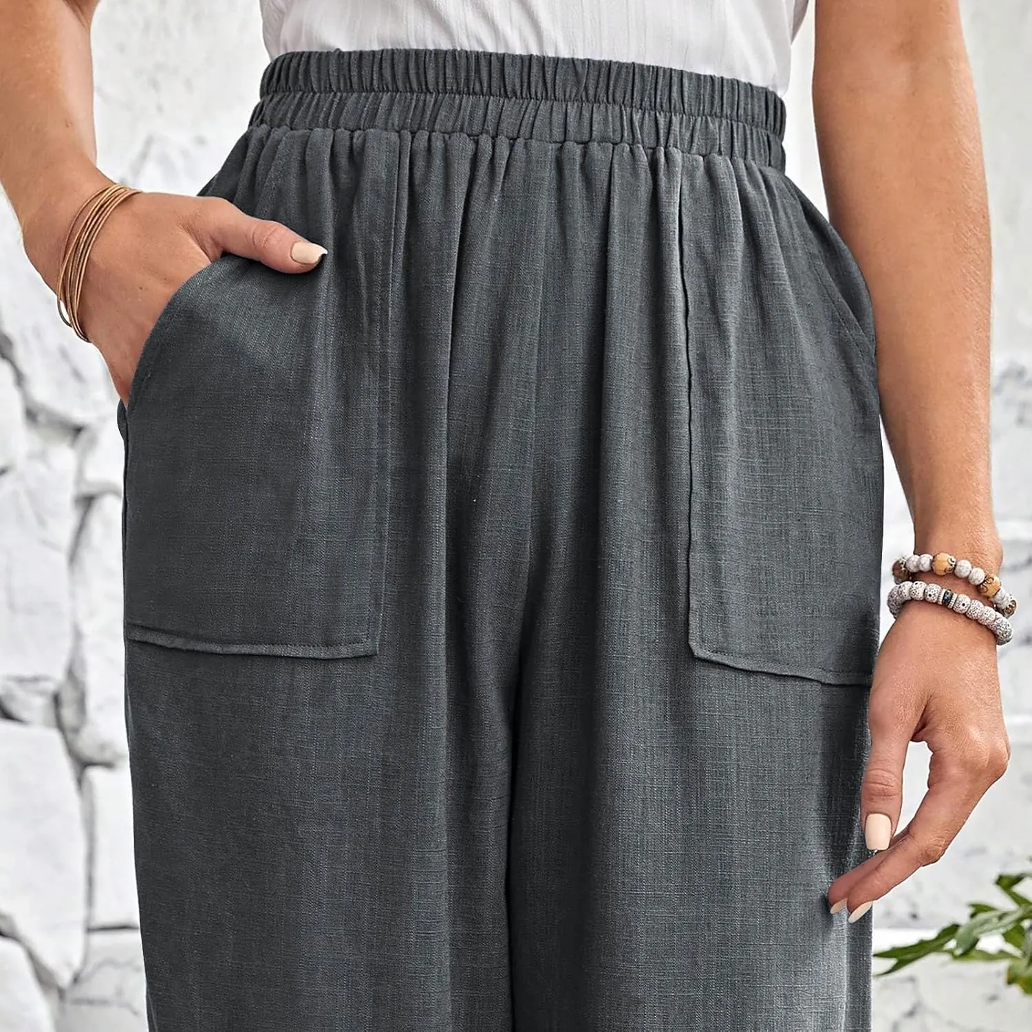 Womens Capri Pants Cotton Linen Loose Elastic High Waisted Lounge Pants Casual Palazzo Trousers with Pockets 2025