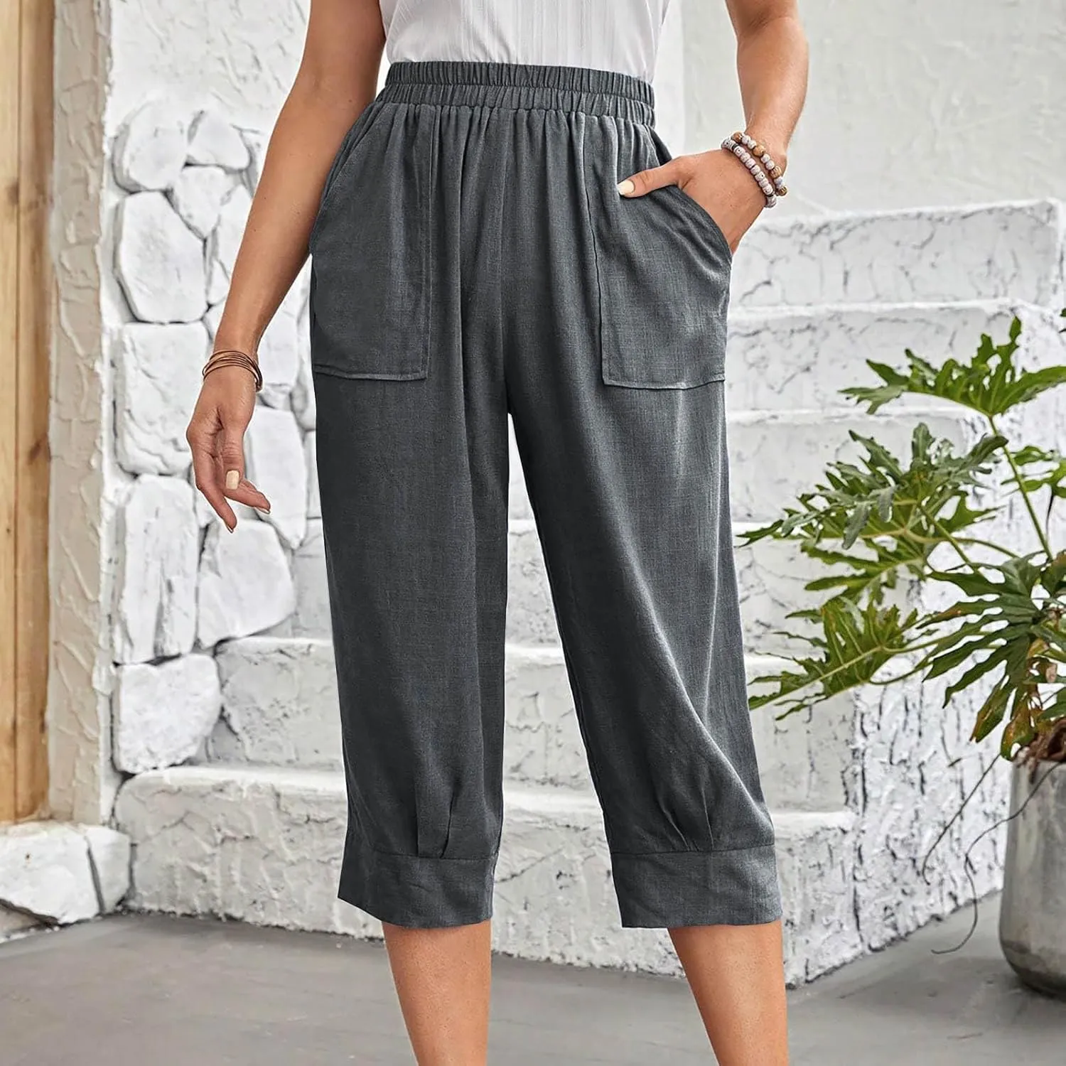 Womens Capri Pants Cotton Linen Loose Elastic High Waisted Lounge Pants Casual Palazzo Trousers with Pockets 2025