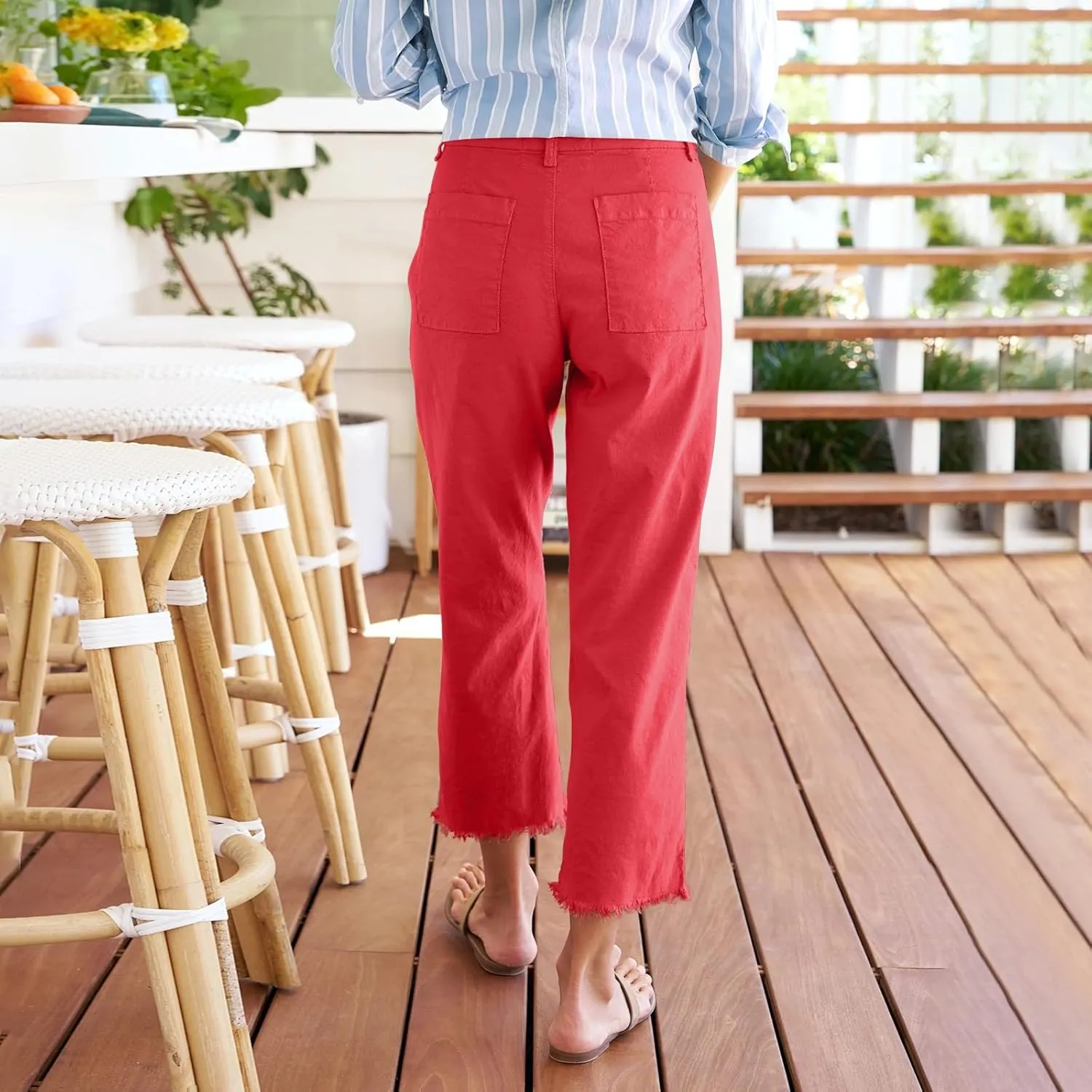 Womens Cargo Pants, Plaid Peasant Pants Linen Casual Straight Leg 2025 Loose
