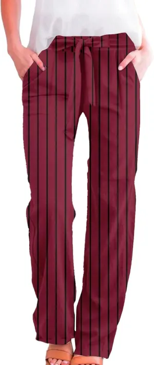 Women's Casual Cotton Linen Striped Print Belt Elastic Waist Beach Pants Wide Leg Drawstring Straight Leg Trousers