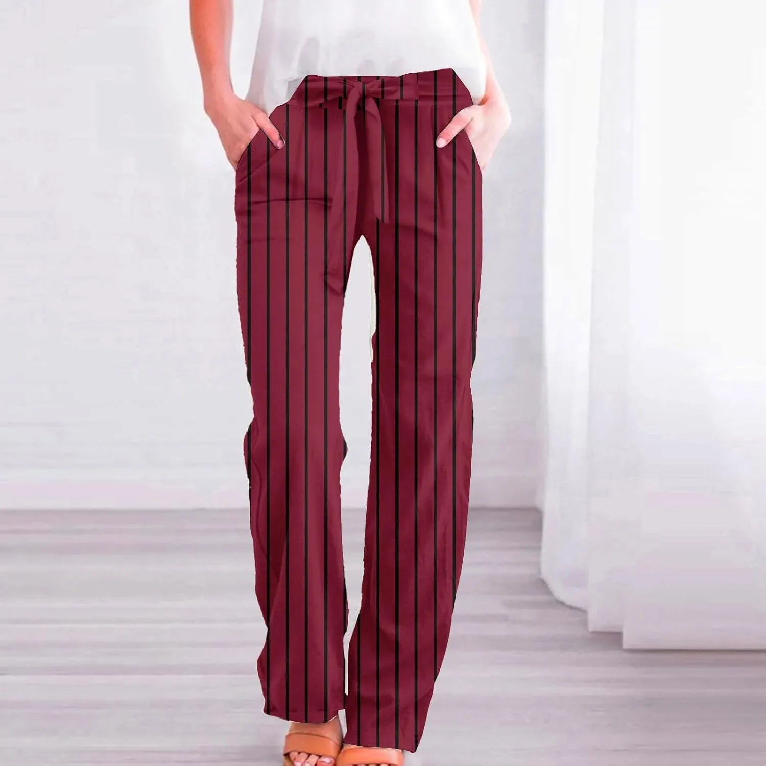 Women's Casual Cotton Linen Striped Print Belt Elastic Waist Beach Pants Wide Leg Drawstring Straight Leg Trousers