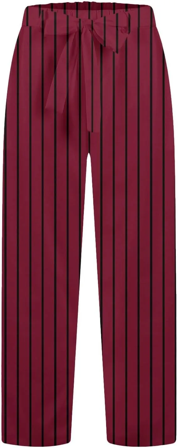 Women's Casual Cotton Linen Striped Print Belt Elastic Waist Beach Pants Wide Leg Drawstring Straight Leg Trousers