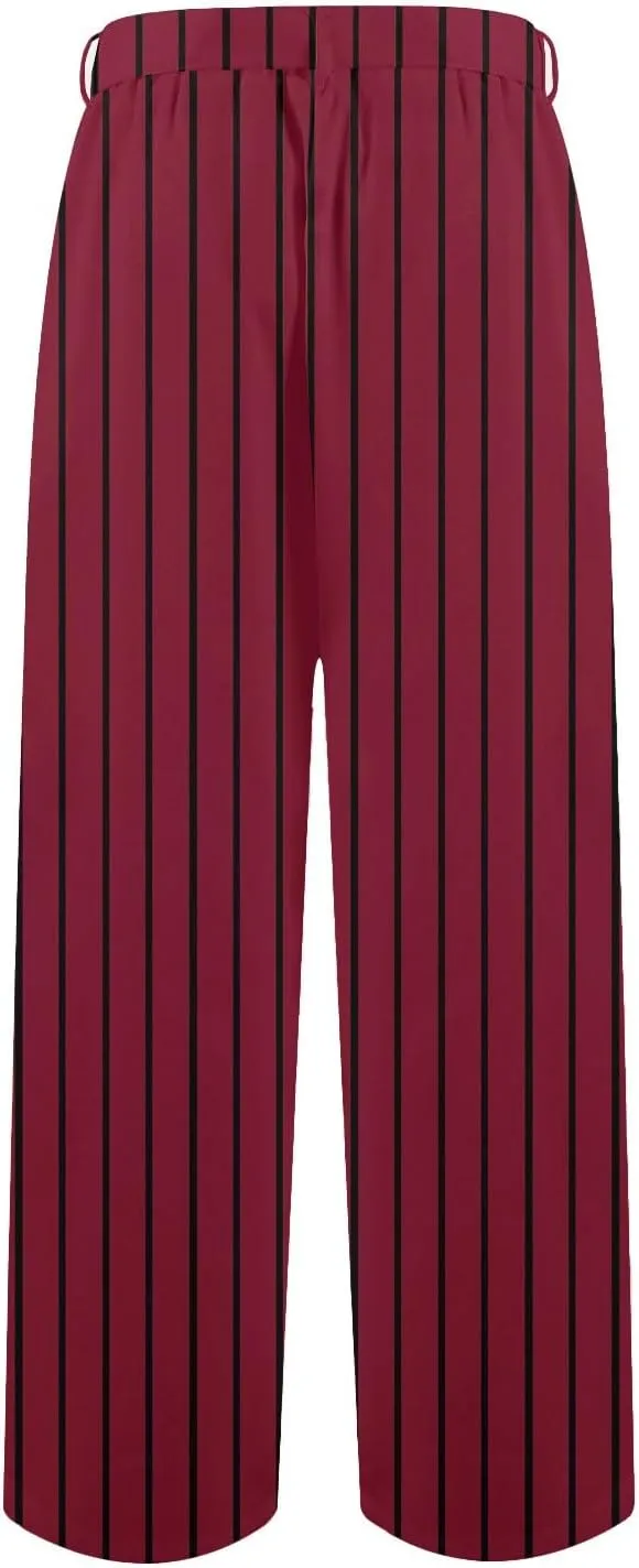 Women's Casual Cotton Linen Striped Print Belt Elastic Waist Beach Pants Wide Leg Drawstring Straight Leg Trousers
